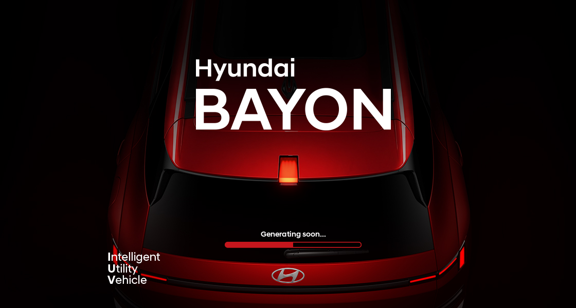 Hyundai BAYON front exterior teaser featuring signature LED daytime running lights, futuristic SUV design language, advanced mobility innovation, premium styling, and Hyundai's upcoming intelligent SUV.