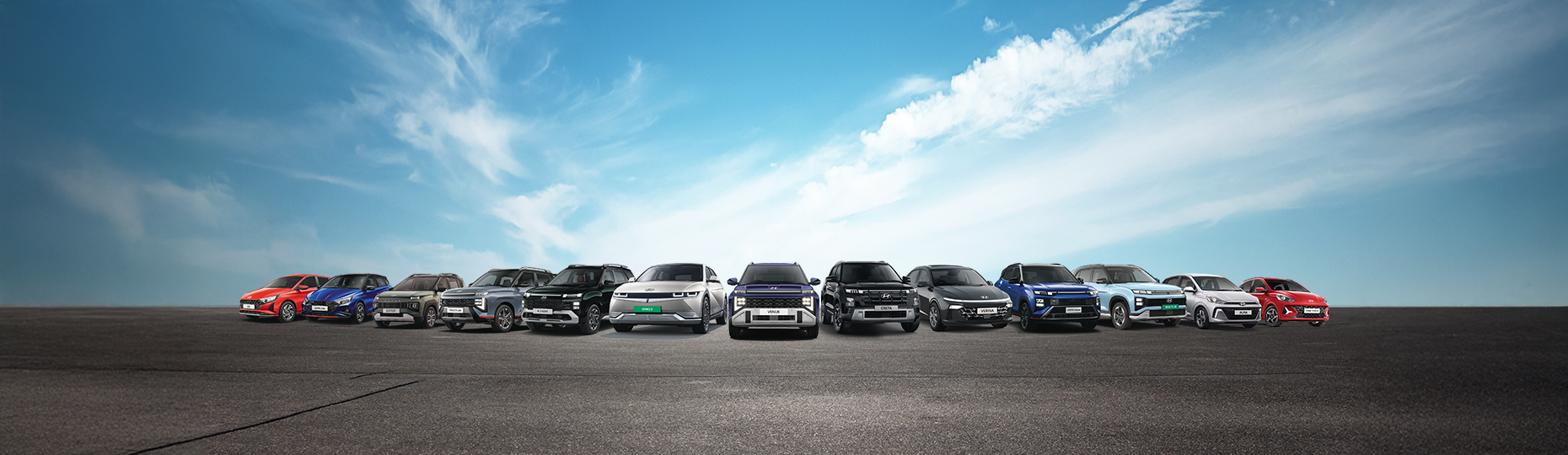 Ten Hyundai Models placed in semi circle position