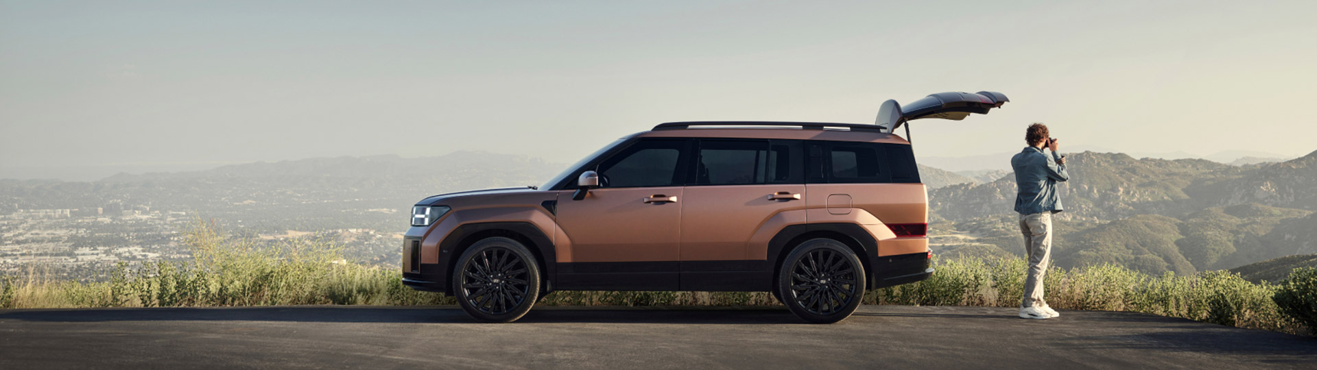 Side view of a bronze Hyundai Santa Fe SUV parked outdoors.