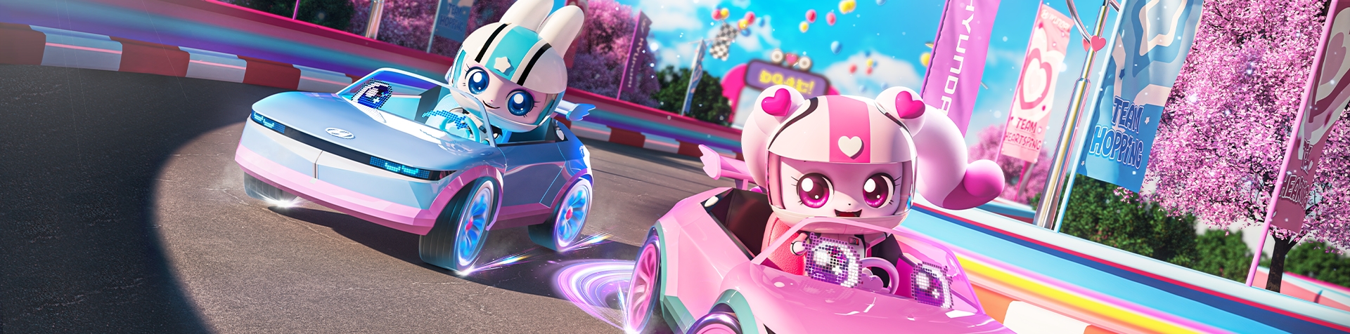 The two, Hyundai-inspired car characters, 'Hopping' and 'Heartsping', race down the track in the Teenieping story 'Twinkling Friendship Racing: The Rise of Hopping' and 'Heartsping'.