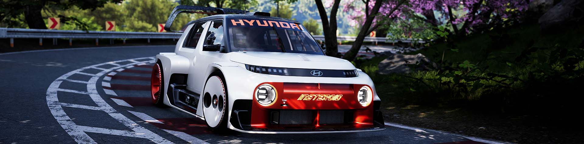 A white Hyundai INSTEROID zooms around a racetrack curve in the Japanese Drift Master game