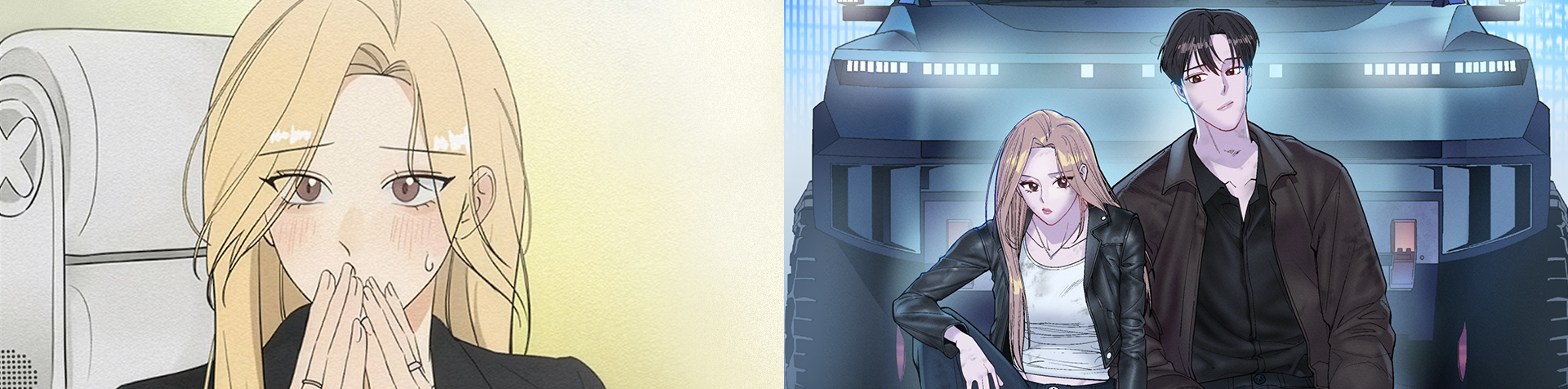 (left) The character, Ah-In, is one of the first protagonists in the new Hyundai webtoon story (right)  A blonde girl and a guy in a brown jacket are leaning on each other 