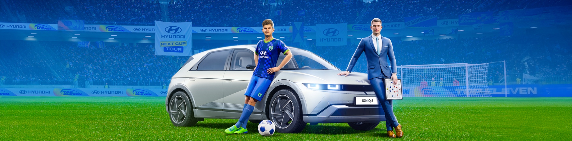 An image of an IONIQ 5 inside a football stadium, with players and a coach leaning against the vehicle.