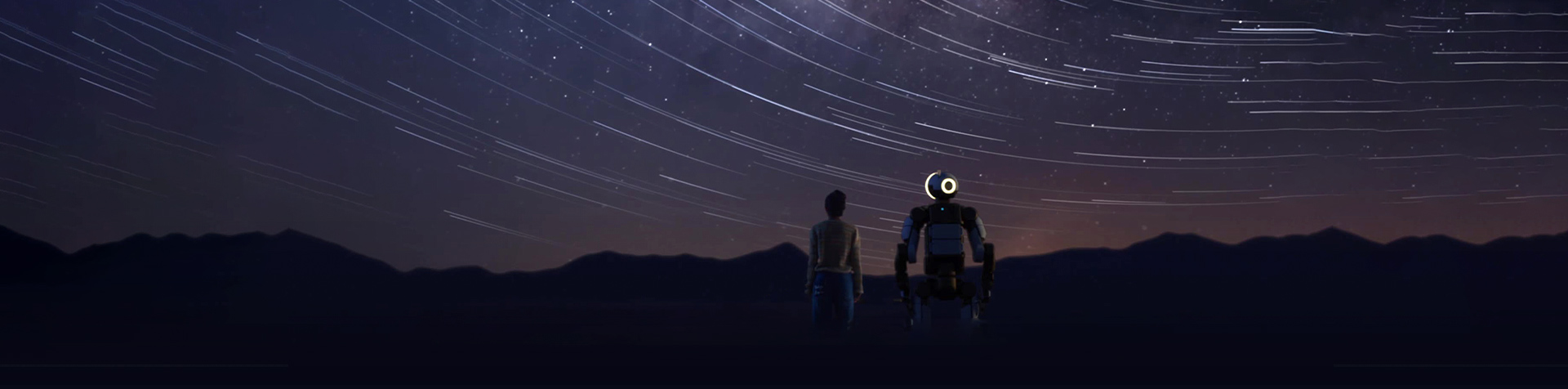 A young woman and the Atlas robot reach out to touch fingers with a full moon in the background