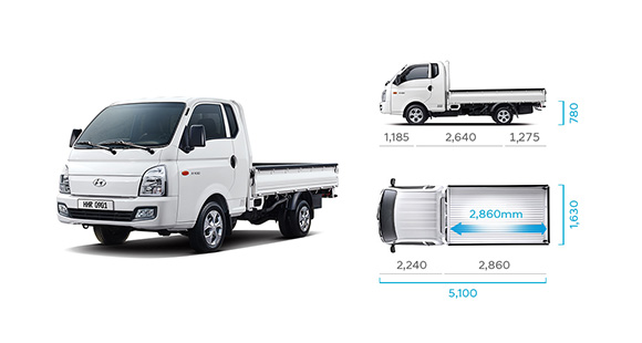 H-100's side and top view illustration with those size describing extra long wheel base super cab (low type rear deck)