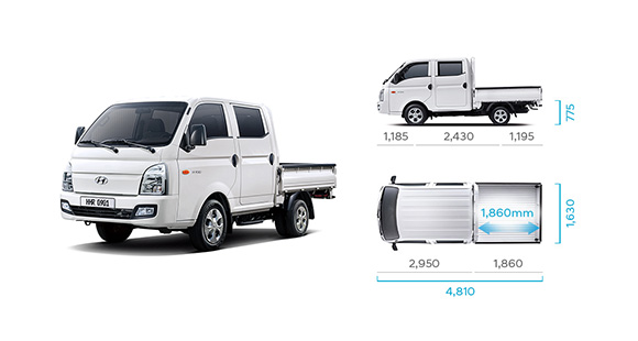 H-100's side and top view illustration with those size describing long wheel base double cab (low type rear deck)