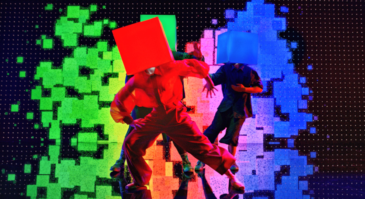 Three RGB Pixel dancers harmonize in choreographed performance in Pixel by Pixel design film