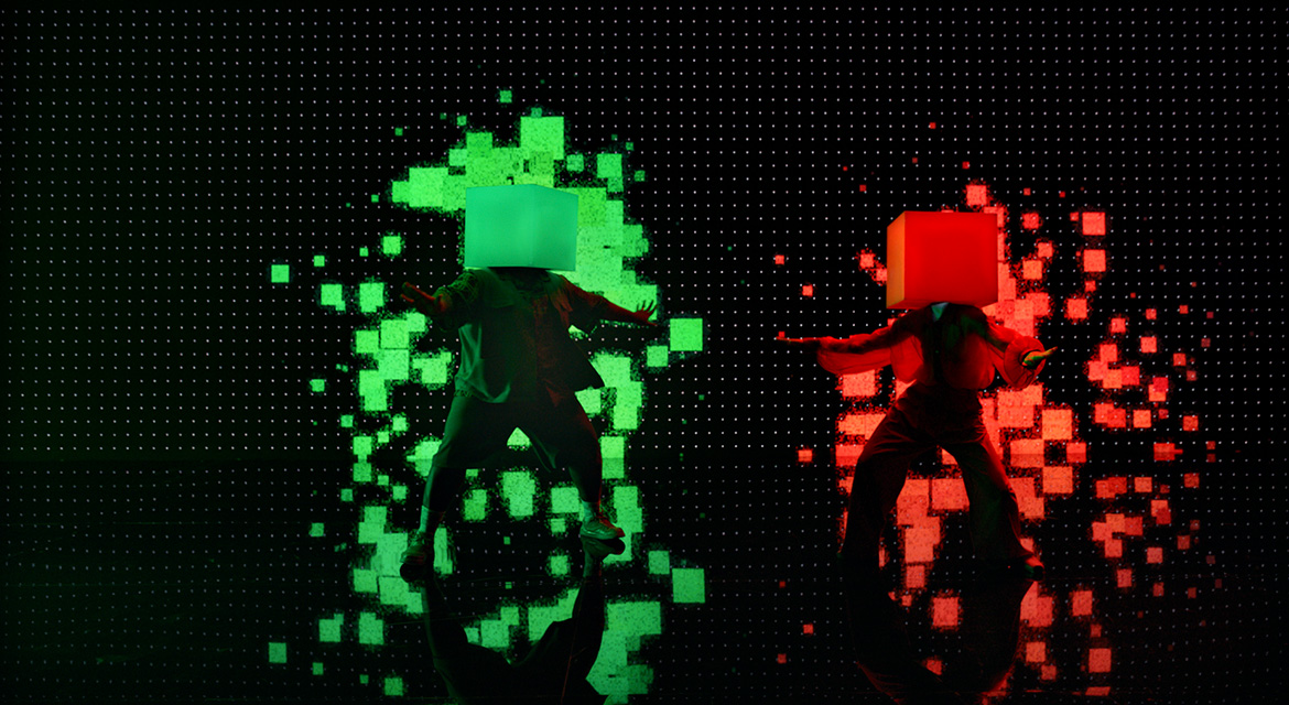 Three RGB Pixel dancers harmonize in choreographed performance in Pixel by Pixel design film