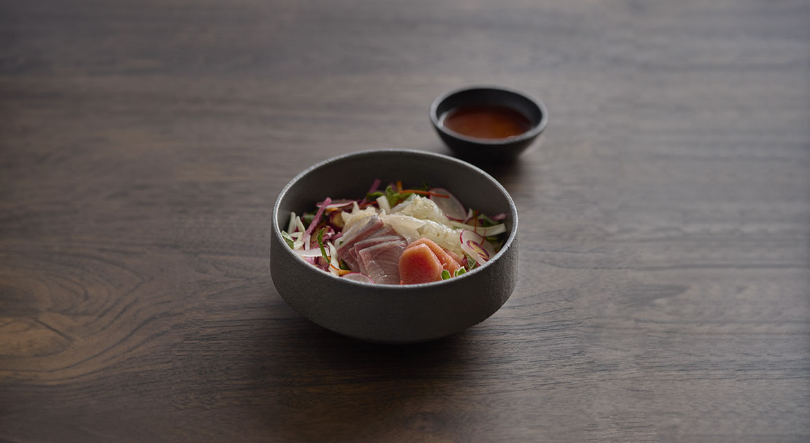 Hwe-dupbap features albacore tuna, jackfish, fluke, and salted pollack roe accompanied by an assortment of vegetables, including ice plant freshly harvested from HMGICS’ Smart Farm.