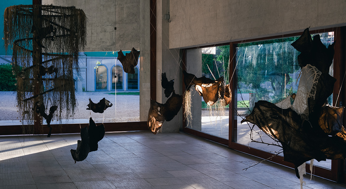 Foreground: Máret Ánne Sara, 'Gutted – Gávogálši', (2022). Background: Máret Ánne Sara, 'Ale suova sielu sáiget', (2022). Exhibition view: ‘The Sámi Pavilion’, 59th International Art Exhibition – La Biennale di Venezia, 'The Milk of Dreams', Venice (23 April–27 November 2022). Photo: Michael Miller / OCA.