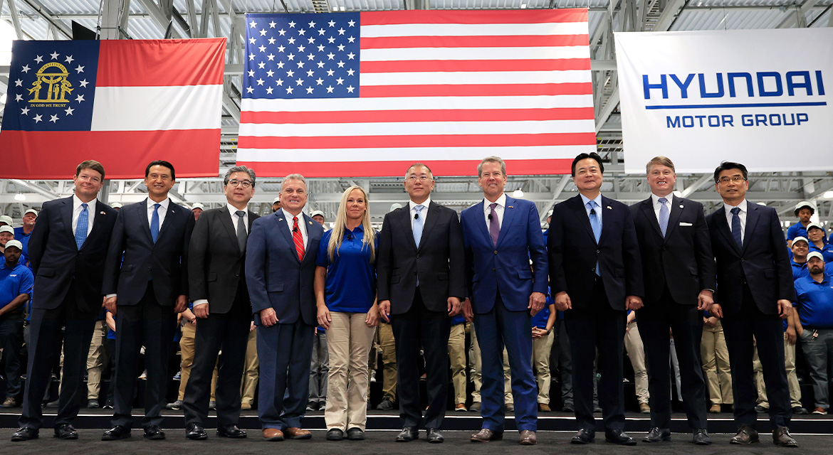(From left) Trip Tollison, President and CEO of the Savannah Economic Development Authority; José Muñoz, President and CEO of Hyundai Motor Company; Buddy Carter, U.S. Representative; Charlene Toole, Meta Pro at HMGMA; Euisun Chung, Executive Chair of Hyundai Motor Group; Brian Kemp, Governor of Georgia; Hyundong Cho, South Korean Ambassador to U.S.; Pat Wilson, Commissioner of the Georgia Department of Economic Department; Ho Sung Song, President and CEO of Kia Corporation