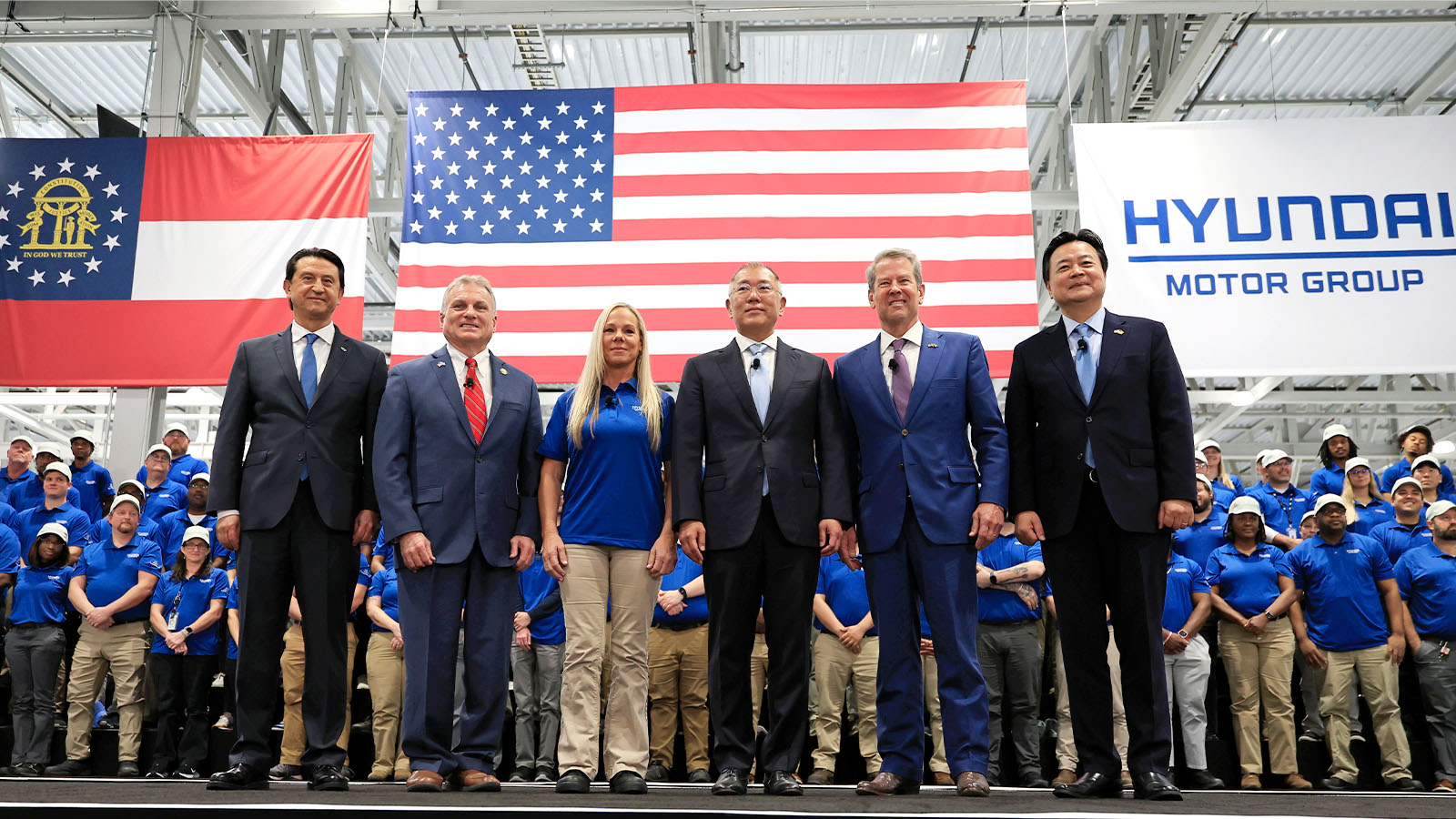 (From left) José Muñoz, President and CEO of Hyundai Motor Company; Buddy Carter, U.S. Representative; Charlene Toole, Meta Pro at HMGMA; Euisun Chung, Executive Chair of Hyundai Motor Group; Brian Kemp, Governor of Georgia; Hyundong Cho, South Korean Ambassador to U.S.