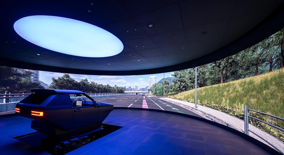 Simulation Room – Arc allows researchers to validate their UX concepts, using a configurable test buck adaptable from compact sedans to full-size SUVs, six-axis motion simulators, and a large, 191-degree curved display made of 730 LED modules.