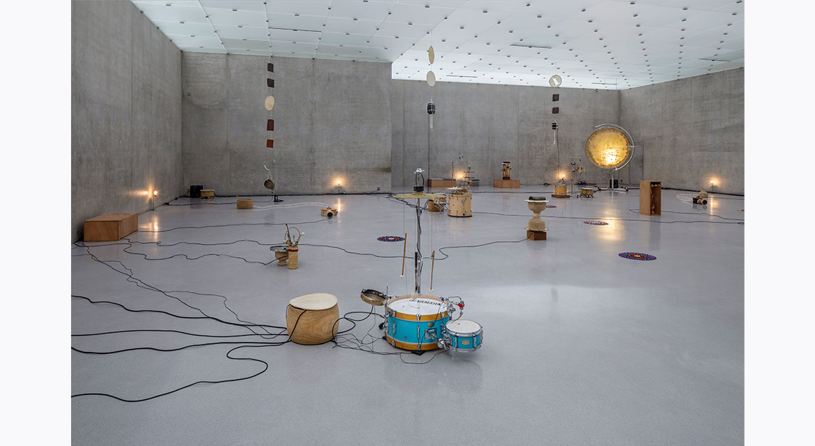 Tarek Atoui, The Rain, 2023–4. Installation view third floor Kunsthaus Bregenz, 2024. Photo: Markus Tretter. © Tarek Atoui, Kunsthaus Bregenz. Courtesy of the artist.