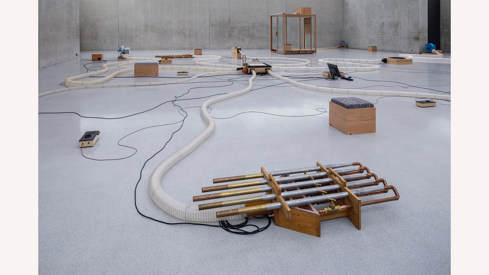 Tarek Atoui, Souffle Continu, 2023–4. Installation view third floor Kunsthaus Bregenz, 2024. Photo: Markus Tretter. © Tarek Atoui, Kunsthaus Bregenz. Courtesy of the artist.	