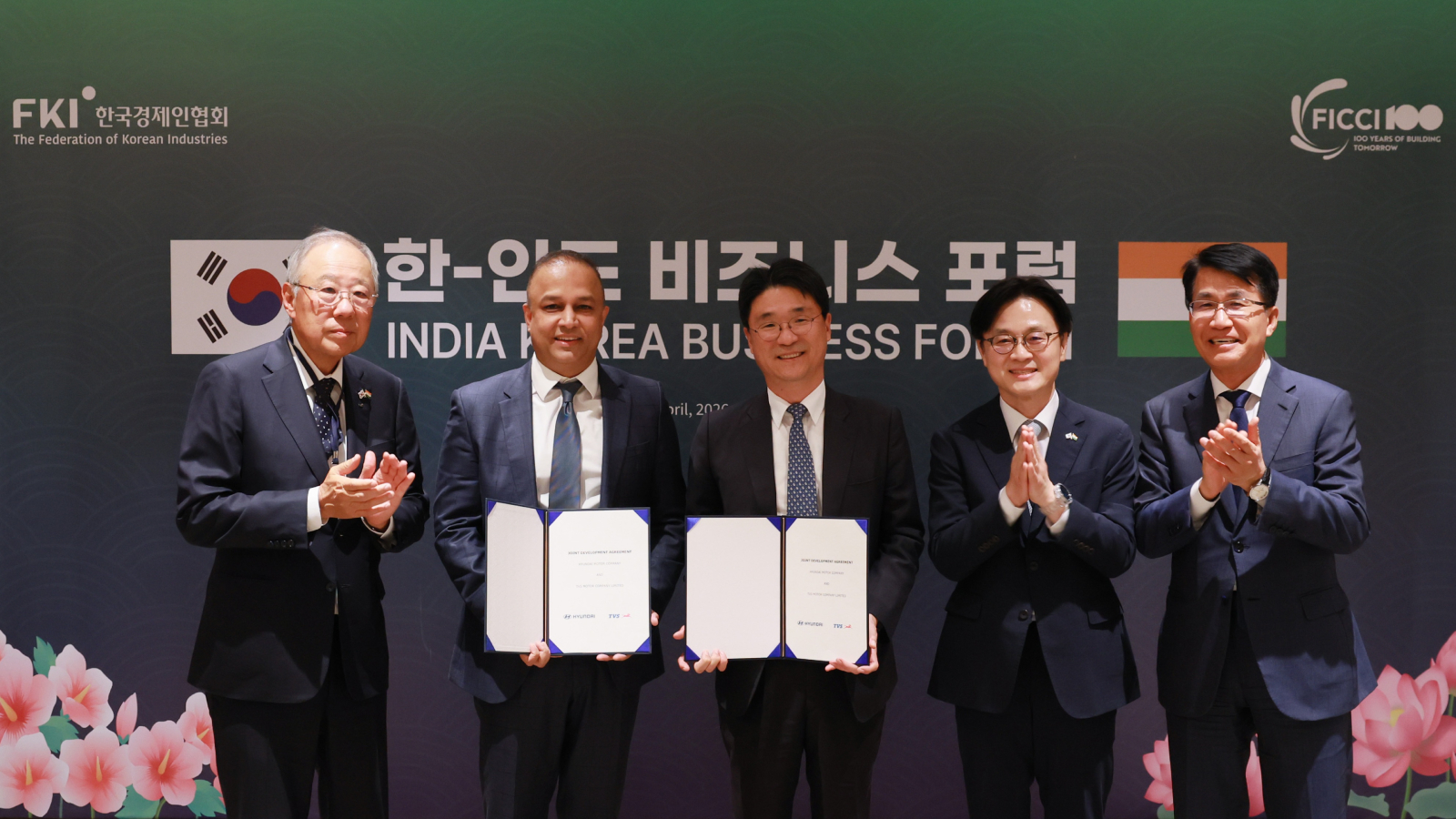 (from left) Jin Roy Ryu, Chairman of the Federation of Korean Industries; Sharad Mishra, President, Group Strategy at TVS Motor Company; Joongsun Ko, Senior Vice President of Corporate Strategy & Planning at Hyundai Motor Company; Minister Jung-Kwan Kim of the Ministry of Trade, Industry and Resources, South Korea; Dongwook Kim, Executive Vice President and Head of Strategic Policy Division at Hyundai Motor Group