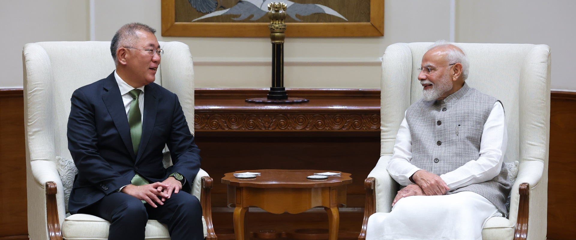 Meeting between Indian Prime Minister Hon’ble Shri Narendra Modi Ji and Hyundai Motor Group Executive Chair Mr. Euisun Chung at the Prime Minister’s Office in New Delhi on October 13, 2026.